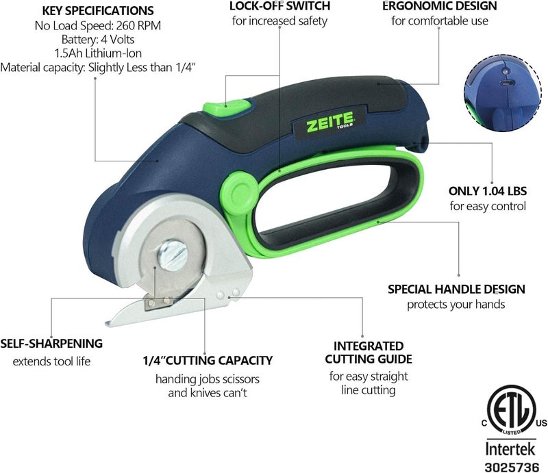 zeite 4V Cordless Electric Scissors,Cardboard Cutter with 2 Blades,Storage Box,USB Charging Cable,Power Rotary Cutter,Max Cutting 1/4",for Cardboard Box,Thin Carpet & Plastic, Easy to Hold and Safe - Image 2